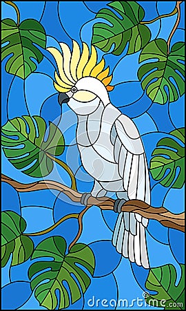 Stained glass illustration bird white cockatoo parakeet on branch tropical tree against the sky Vector Illustration