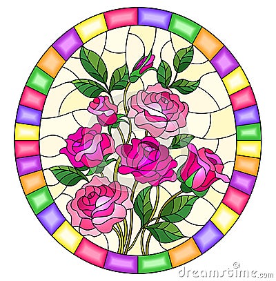 Stained glass illustration with a bouquet of pink roses on a yellow background in a bright frame,oval image Vector Illustration