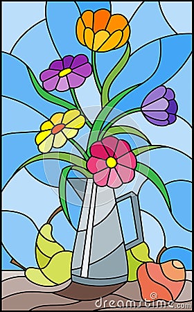 Stained glass illustration with bouquets of bright flowers in a metal jug, pears and apples on table on blue background Vector Illustration