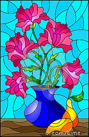 Stained glass illustration with bouquets of pink poppies flowers in a blue vase and pears on table on a blue background Vector Illustration