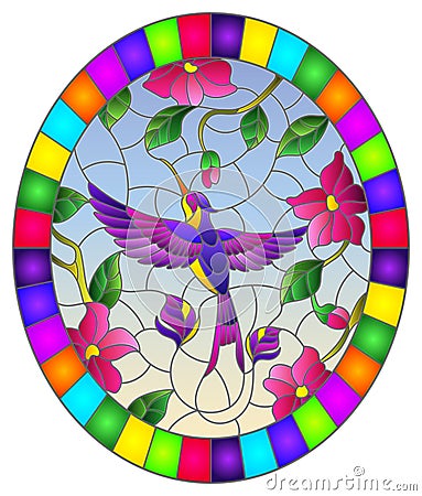 Stained glass illustration with a branch of pink flowers and bright purple bird Hummingbird on a blue background, round image in b Vector Illustration