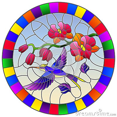 Stained glass illustration with a branch of pink Orchid and bright Hummingbird on a sky background, round image in bright frame Vector Illustration