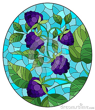 Stained glass illustration with a branch of ripe blackberry on a blue sky background, oval image Vector Illustration