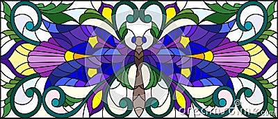 Stained glass illustration with bright dragonfly and floral ornament on a light background Vector Illustration