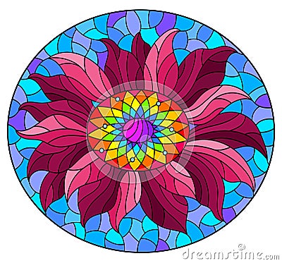 Stained glass illustration with bright flower on a blue sky background,oval image Vector Illustration