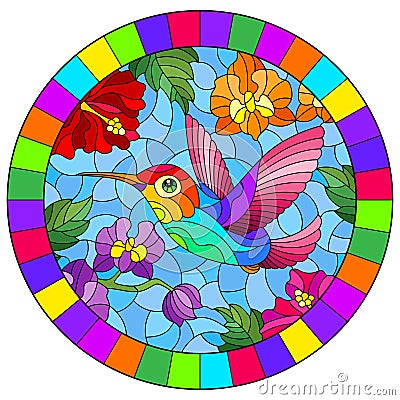 Stained glass illustration with a bright Hummingbird bird on the background of the sky and flowers of orchids and hibiscus, oval Vector Illustration