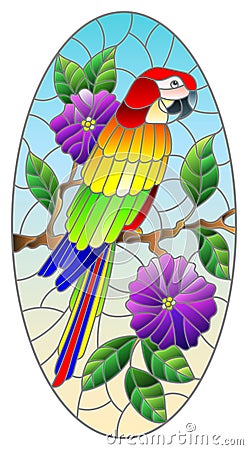 Stained glass illustration with a bright parrot on a background of flowers and blue sky, oval image Vector Illustration