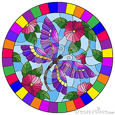 Stained glass illustration with a bright pink flowera and purple dragonfly on a blue background, round image in bright frame Vector Illustration