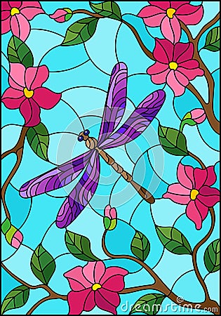 Stained glass illustration with bright purple dragonfly against the sky, foliage and pink flowers Vector Illustration