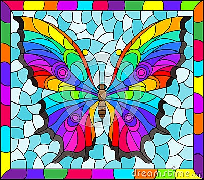 Stained glass illustration with a bright rainbow butterfly on a blue background in a bright frame, rectangular image Vector Illustration