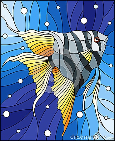 Stained glass illustration with bright scalar fish on the background of water and air bubbles Vector Illustration