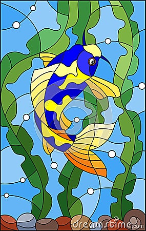 Stained glass illustration with bright spotted fish on the background of water, algae and air bubbles Vector Illustration