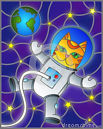 Stained glass illustration with cartoon funny cat astronaut on the background of the cosmos, stars and earth Vector Illustration