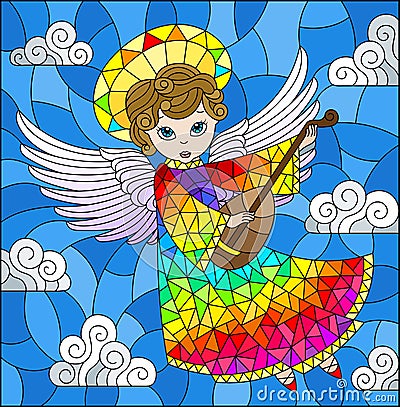 Stained glass illustration with cartoon rainbow angel playing the lute against the cloudy sky Vector Illustration