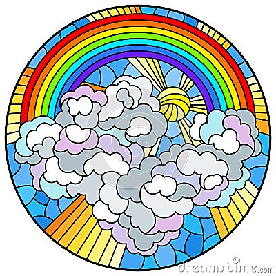 Stained glass illustration with celestial landscape, sun and clouds on rainbow background, round image Vector Illustration