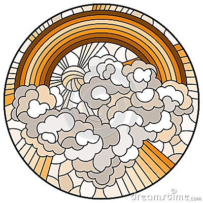 Stained glass illustration with celestial landscape, sun and clouds on rainbow background, round image, tone brown sepia Vector Illustration