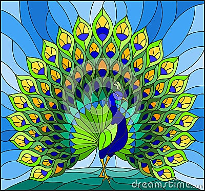 Stained glass illustration with colorful peacock on blue sky Vector Illustration