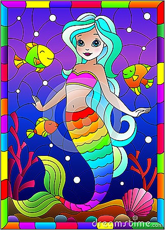 Stained glass illustration with cute cartoon mermaid in the background of the seabed and fish Vector Illustration