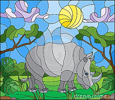 Stained glass illustration with cute gray rhino on the background of green trees of cloudy sky and sun Vector Illustration