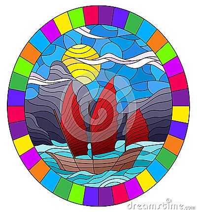 Stained glass illustration with the Eastern ship with red sails on the background of sky, sun and rocky shores Vector Illustration