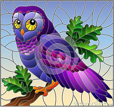 Stained glass illustration with fabulous colourful owl sitting on a tree branch against the sky Vector Illustration