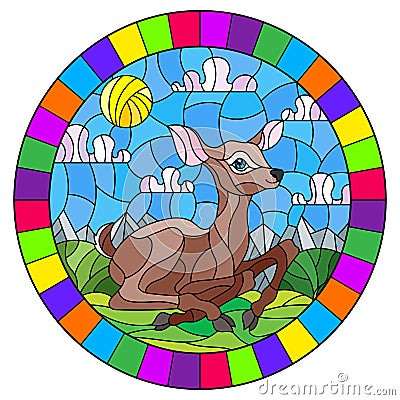 Stained glass illustration with a fawn on the background of green meadows and cloudy sky, round image in bright frame Vector Illustration