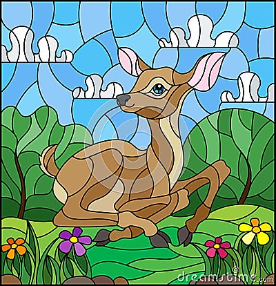 Stained glass illustration with a fawn on the background of green meadows, flowers and cloudy sky Vector Illustration