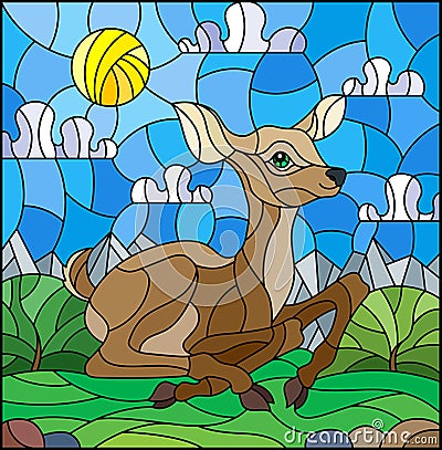 Stained glass illustration with a fawn on the background of green meadows, mountains and cloudy sky Vector Illustration