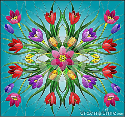 Stained glass illustration with floral arrangement, colorful Crocuses on a blue background Vector Illustration
