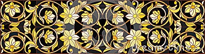 Stained glass illustration with floral ornament ,imitation gold on dark background with swirls and floral motifs Vector Illustration