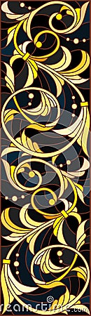 Stained glass illustration with floral ornament ,imitation gold on dark background with swirls and floral motifs Vector Illustration