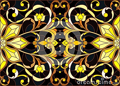 Stained glass illustration with floral ornament ,imitation gold on dark background with swirls and floral motifs Vector Illustration