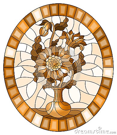 Stained glass illustration with floral still life, a bouquet of asters in a vase on a ight background, oval image in a bright fra Vector Illustration