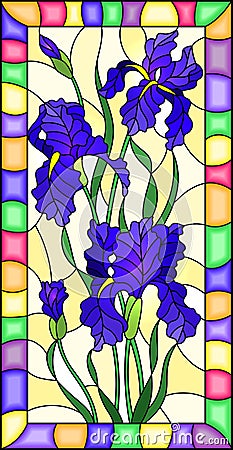 Stained glass illustration with flower of blue irises on a yellow background in a bright frame,rectangular image Vector Illustration