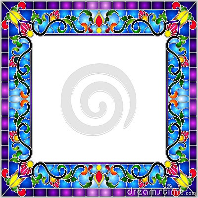 Stained glass illustration with flower frame, bright flowers and leaves in blue frame on a white background Vector Illustration