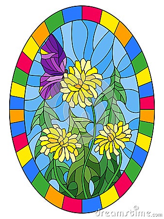 Stained glass illustration flower of Taraxacum and purple butterfly on a blue background,oval image in bright frame Vector Illustration