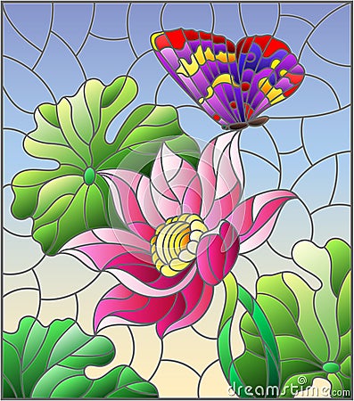 Stained glass illustration with flowers, buds and leaves of a pink Lotus and a butterfly on a blue sky background Vector Illustration