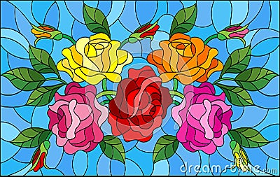 Stained glass illustration with flowers, buds and leaves of roses on a blue background Vector Illustration