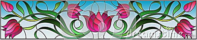 Stained glass illustration with flowers, leaves and buds of pink tulips on a blue background, symmetrical image, horizontal orien Vector Illustration