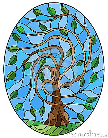 Stained glass illustration with green tree on sky background,oval image Vector Illustration