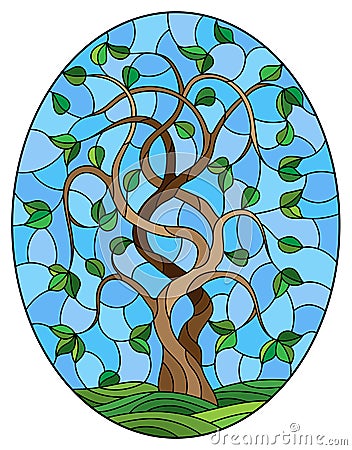 Stained glass illustration with green tree on sky background,oval image Vector Illustration