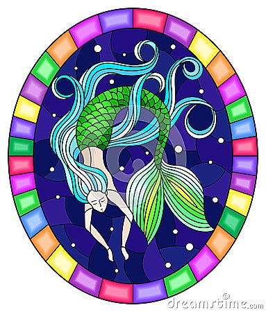 Stained glass illustration with mermaid with long hair on water and air bubbles background, oval image in bright frame Vector Illustration