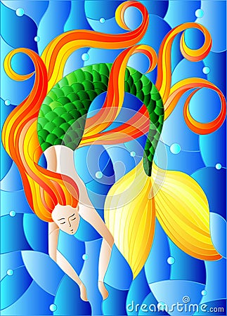 An illustration in stained glass style with mermaid with long red hair on water and air bubbles background Stock Photo