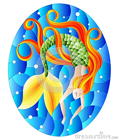 An illustration in stained glass style with mermaid with long red hair on water and air bubbles background Stock Photo