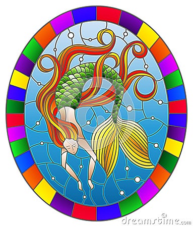 Stained glass illustration with mermaid with long red hair on water and air bubbles background, oval image in bright frame,oval i Vector Illustration