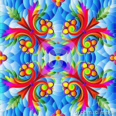 Stained glass illustration with mirror image with floral ornaments and swirls, square image Vector Illustration