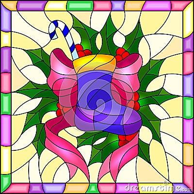 Stained glass illustration for New year and Christmas, sock with gifts and sweets, Holly branches and ribbons on a yellow backgro Vector Illustration