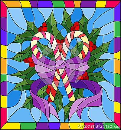 Stained glass illustration for New year and Christmas, striped candy, Holly branches and ribbons on a blue background in a bright Vector Illustration