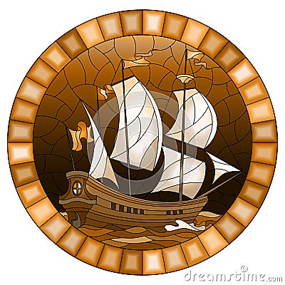 Stained glass illustration with an old ship sailing sails against the sea and sky, oval image in a oval frame, monochrome,tone b Vector Illustration