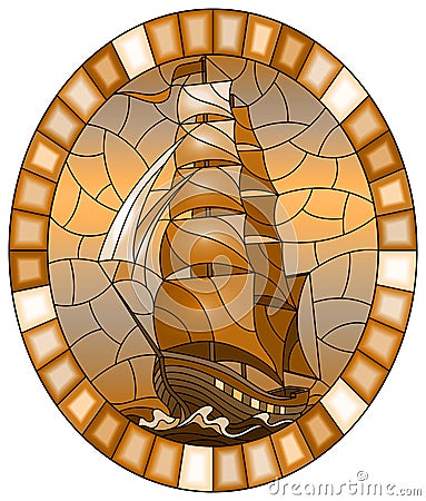 Stained glass illustration with an old ship sailing sails against the sea and sky, oval image in a oval frame, monochrome,tone b Vector Illustration